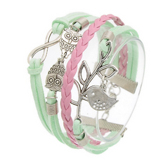 Sky Green & Pink Antique Silver Leaf Owl Bracelet